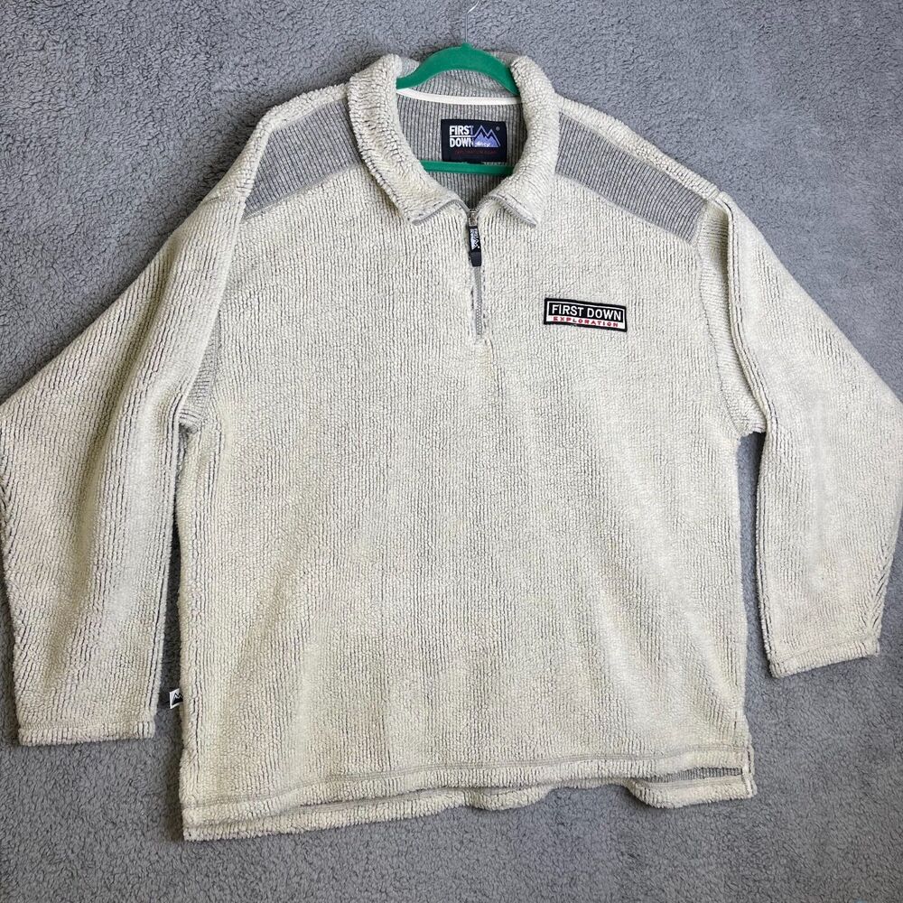 First Down Exploration Gear Coat 2XL Sherpa Beige Gray Winter 1/4 Zip Sweater